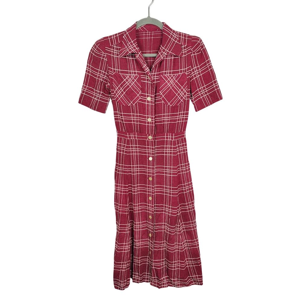 Vintage Red Plaid Midi Dress with White Windowpane
